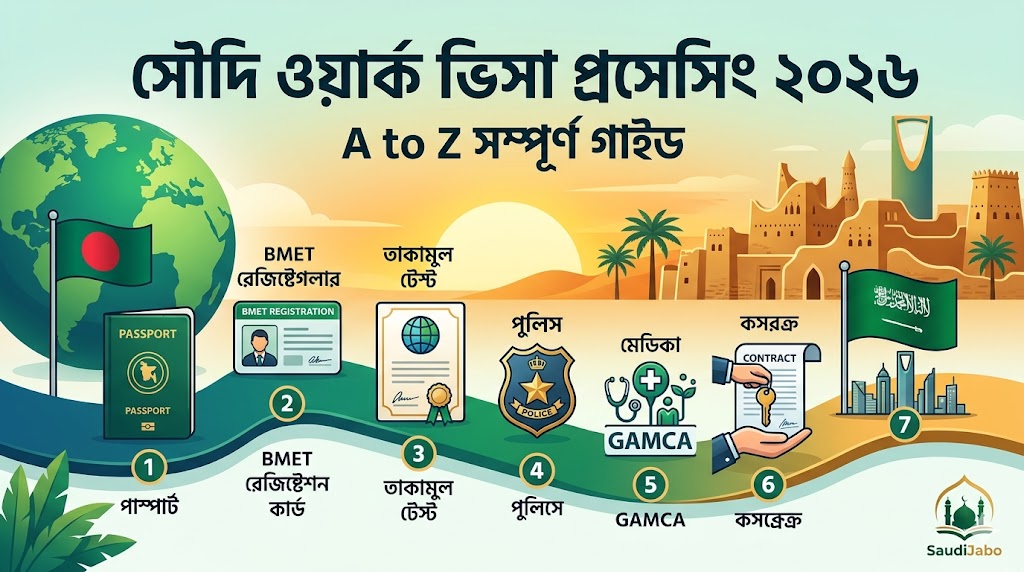 সৌদি ওয়ার্ক ভিসা প্রসেসিং স্টেপ বাই স্টেপ ২০২৬ | A to Z সম্পূর্ণ গাইড