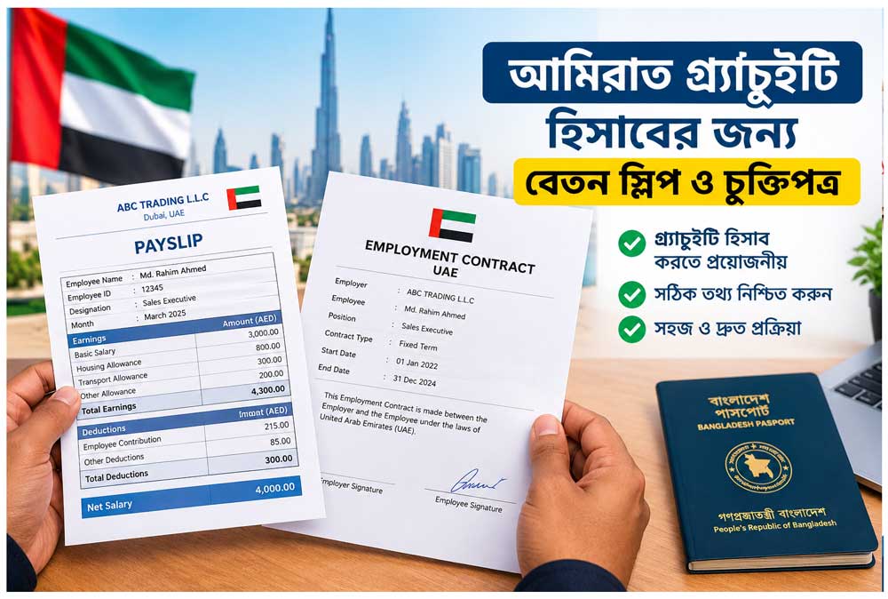 আমিরাত গ্র্যাচুইটি হিসাবের জন্য বেতনের স্লিপ ও চুক্তিপত্র